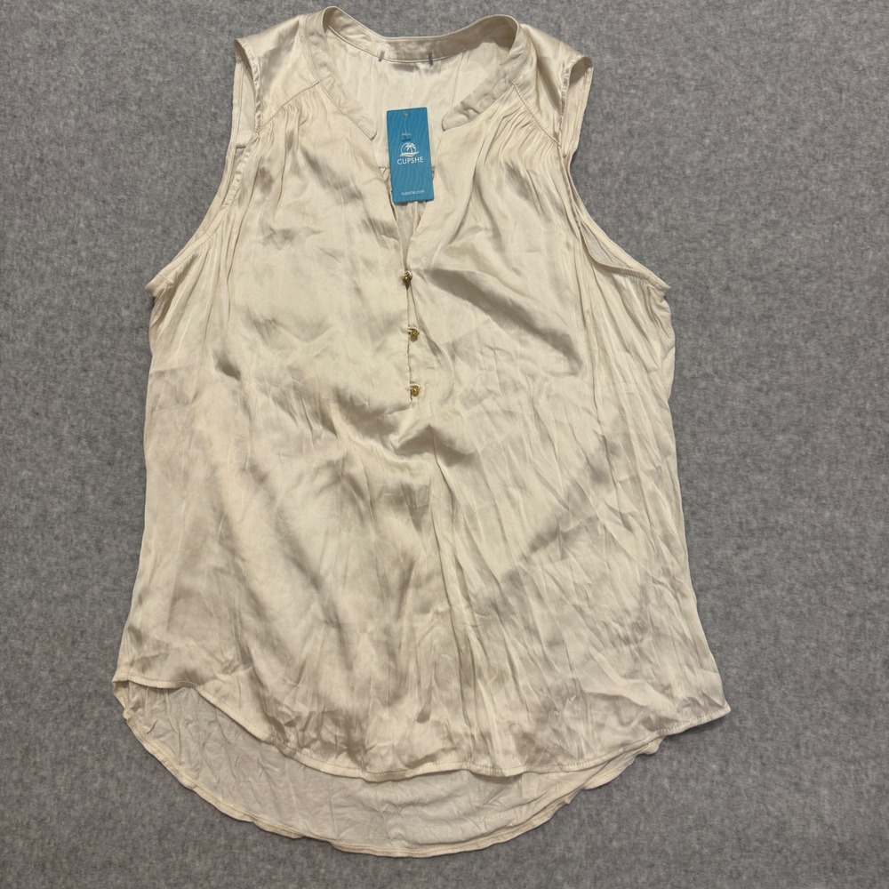 Cupshe Women Cream Champagne Sleeveless Button Front‎ Blouse Satin Look New L